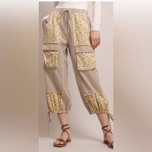 Blue velvet Floral Patchwork Striped cropped Pants